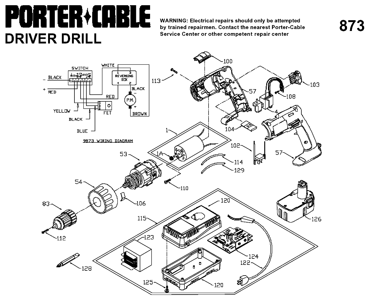 Default Diagram and Parts List for 9873 Type 1 Porter Cable Electric Drill